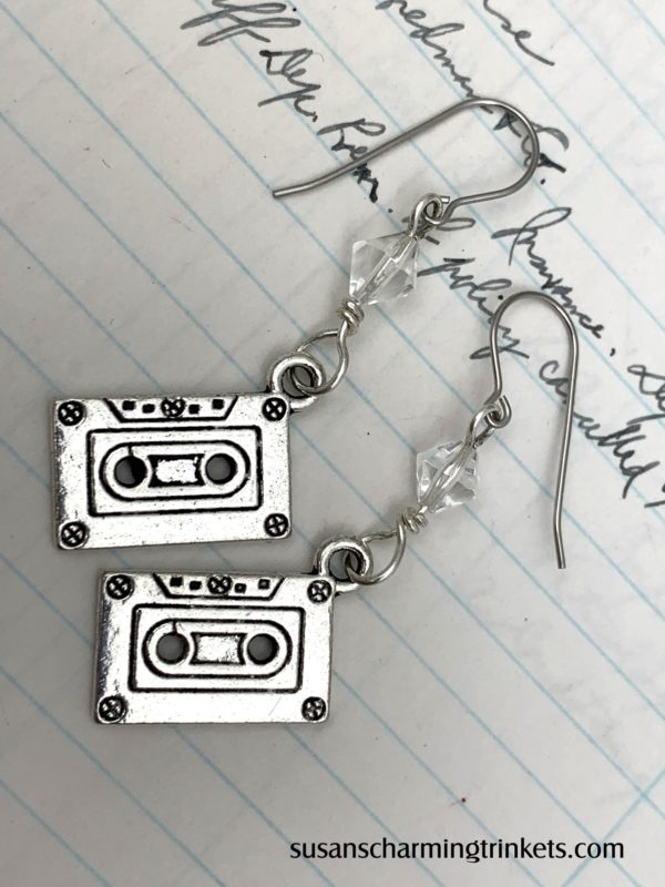 Cassette charm earrings with clear beads