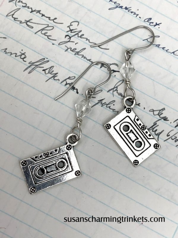 Cassette charm earrings with clear beads