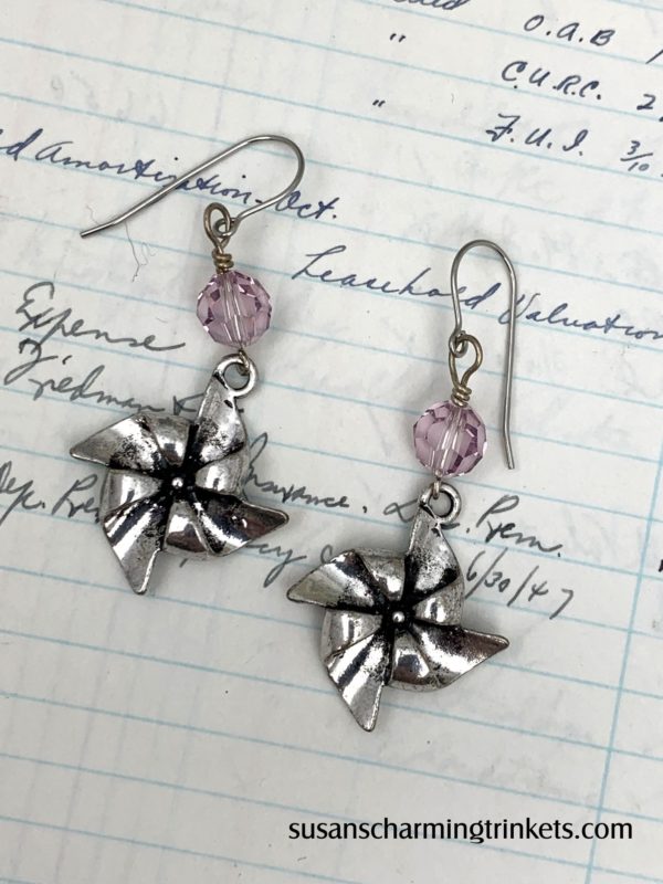 Pinwheel charm earrings with pink beads