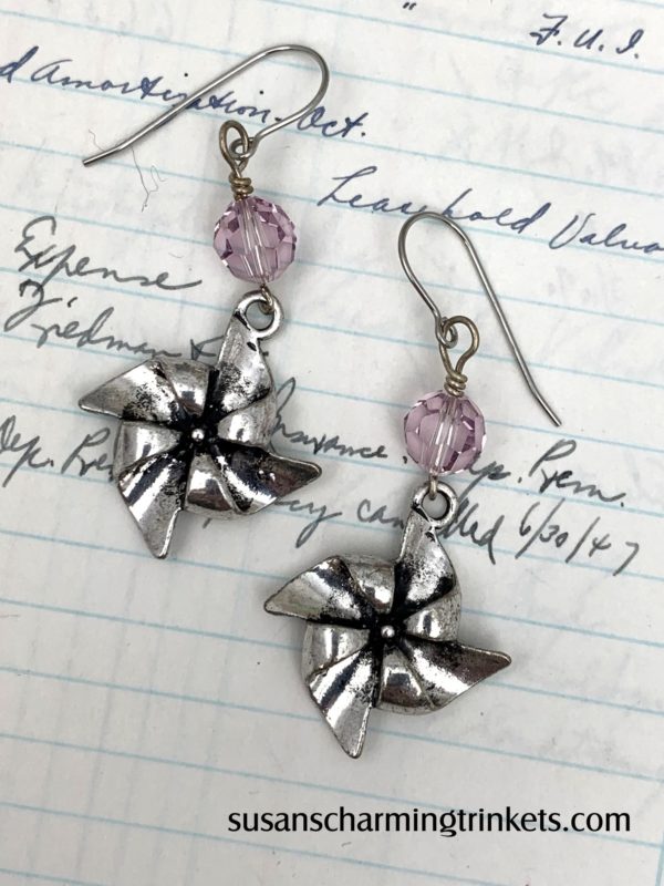 Pinwheel charm earrings with pink beads