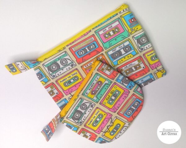 Mixed size zipper pouch in retro cassette fabric